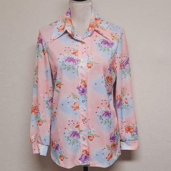 Groovy 70s Vintage NPC Fashions Peach Floral Print Dagger Collar Disco Shirt M - Picture 4 of 13